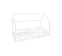 ML-Design Lit cabane enfant 90x200 cm blanc bois massif avec antichute, toit et sommier à lattes, style maison, couchage au sol maisonnette barrière