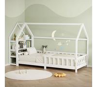 ML-Design Lit Cabane Enfant 90x200 cm Blanc en Bois avec Étagère, Protection Contre la Chute, Toit et Sommier à Lattes Contreplaqué, Style Maison, Couchage Maisonnette Lit Simple pour Fille ou Garçon