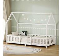 ML-Design Lit Cabane Enfant 90x200 cm Blanc en Bois de Pin Massif avec Protection Antichute, Toit et Sommier à Lattes Contreplaqué, Style Maison, Couchage Maisonnette Lit Simple pour Fille ou Garçon