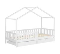 ML-Design Lit Cabane Enfant 90x200 cm Blanc en Bois Massif avec 2 Tiroirs, Protection Anti-Chute, Toit et Sommier à Lattes, Style Maison, Couchage Maisonnette Barrière de Sécurité pour Fille Garçon