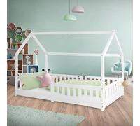 ML-Design Lit Cabane Enfant 90x200 cm Blanc en Bois Massif avec Protection Contre la Chute, Toit et Sommier à Lattes, Style Maison, Couchage Maisonnette Barrière de Sécurité pour Fille Garçon