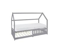 ML-Design Lit Cabane Enfant 90x200 cm Gris Clair avec Matelas H:16cm, Protection Contre la Chute, Toit et Sommier à Lattes, en Bois Massif, Style Maison, Couchage Maisonnette pour Fille Garçon