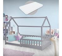 ML-Design Lit Cabane Enfant 90x200 cm Gris Clair avec Matelas H:16cm, Protection Contre la Chute, Toit et Sommier à Lattes, en Bois Massif, Style Maison, Couchage Maisonnette pour Fille Garçon