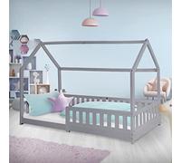 ML-Design Lit Cabane Enfant 90x200 cm Gris Clair en Bois Massif avec Protection Contre la Chute, Toit et Sommier à Lattes, Style Maison, Couchage Maisonnette Barrière de Sécurité pour Fille Garçon