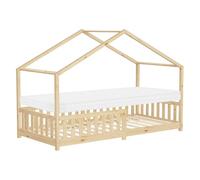 ML-Design Lit Cabane Enfant 90x200 cm Naturel avec Matelas H:10cm, Antichute, Toit et Sommier à Lattes, Pin Massif, Style Maison, Couchage au Sol Montessori pour Fille Garçon Chambre à Coucher