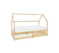 ML-Design Lit Cabane Enfant 90x200 cm Naturel avec Matelas H:10cm, Protection Contre la