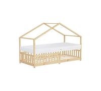 ML-Design Lit Cabane Enfant 90x200 cm Naturel avec Matelas H:16cm, Antichute, Toit et Sommier à Lattes, Pin Massif, Style Maison, Couchage au Sol Montessori pour Fille Garçon Chambre à Coucher