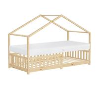 ML-Design Lit Cabane Enfant 90x200 cm Naturel avec Matelas H:16cm, Antichute, Toit et Sommier à Lattes, Pin Massif, Style Maison, Couchage au Sol Montessori pour Fille Garçon Chambre à Coucher