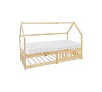 ML-Design Lit Cabane Enfant 90x200 cm Naturel avec Matelas H:16cm, Protection Contre la Chute, Toit et Sommier à Lattes, en Bois Massif, Style Maison, Couchage Maisonnette pour Fille Garçon