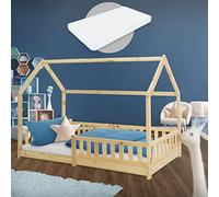 ML-Design Lit Cabane Enfant 90x200 cm Naturel avec Matelas H:16cm, Protection Contre la Chute, Toit et Sommier à Lattes, en Bois Massif, Style Maison, Couchage Maisonnette pour Fille Garçon