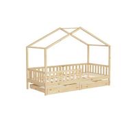 ML-Design Lit Cabane Enfant 90x200 cm Naturel en Bois Massif avec 2 Tiroirs, Protection Anti-Chute, Toit et Sommier à Lattes, Style Maison, Couchage Maisonnette Barrière de Sécurité pour Fille Garçon