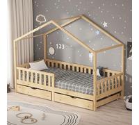 ML-Design Lit Cabane Enfant 90x200 cm Naturel en Bois Massif avec 2 Tiroirs, Protection Anti-Chute, Toit et Sommier à Lattes, Style Maison, Couchage Maisonnette Barrière de Sécurité pour Fille Garçon