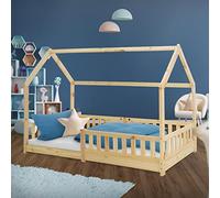 ML-Design Lit Cabane Enfant 90x200 cm Naturel en Bois Massif avec Protection Contre la Chute, Toit et Sommier à Lattes, Style Maison, Couchage Maisonnette Barrière de Sécurité pour Fille Garçon