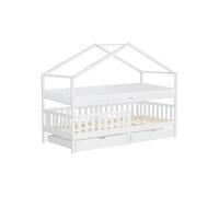 ML-Design Lit Cabane Enfant 90x200cm Blanc avec Matelas H16cm et 2 Tiroirs, Protection Antichute, Toit et Sommier à Lattes, en Bois Massif, Style Maison, Couchage Cadre Montessori pour Fille Garçon