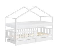 ML-Design Lit Cabane Enfant 90x200cm Blanc avec Matelas H16cm et 2 Tiroirs, Protection Antichute, Toit et Sommier à Lattes, en Bois Massif, Style Maison, Couchage Cadre Montessori pour Fille Garçon