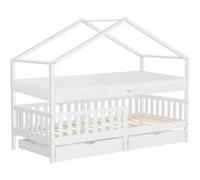 ML-Design Lit Cabane Enfant 90x200cm Blanc avec Matelas H16cm et 2 Tiroirs, Protection Antichute, Toit et Sommier à Lattes, en Bois Massif, Style Maison, Couchage Cadre Montessori pour Fille Garçon