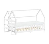 ML-Design Lit Cabane Enfant 90x200cm Blanc en Bois avec Matelas H10cm, Étagère, Protection Anti-Chute, Toit et Sommier à Lattes, Style Maison, Couchage Maisonnette Lit Simple pour Fille ou Garçon
