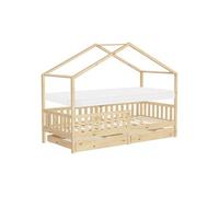 ML-Design Lit Cabane Enfant 90x200cm Naturel avec Matelas H10cm et 2 Tiroirs, Protection
