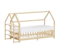 ML-Design Lit Cabane Enfant 90x200cm Naturel (Beige) en Bois avec Matelas H16cm, Étagère, Protection Anti-Chute, Toit et Sommier à Lattes, Style Maison, Couchage Maisonnette Lit Simple Fille Garçon