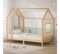 ML-Design Lit Cabane Enfant avec Toit et Fenêtre en Bois de Pin, 90x200 cm | Lit Montessori en Forme de Maison avec Sommier à Lattes, Cadre Robuste pour Filles et Garçons, Charge Max. 100 kg, Naturel