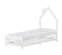 ML-Design Lit d'enfant en Forme de Maison 90x200 cm avec Matelas en Mousse Housse Amovible, Blanc, Cadre en Bois de Pin Massif Robuste, Sommier à Lattes, Style Cheminée, pour Garçon Fille Adolescent