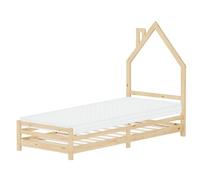 ML-Design Lit d'Enfant en Forme de Maison 90x200 cm avec Matelas en Mousse Housse Amovible, Naturel, Cadre en Bois de Pin Massif Robuste, Sommier à Lattes, Style Cheminée, pour Garçon Fille Adolescent