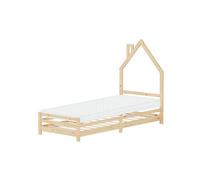 ML-Design Lit d'Enfant en Forme de Maison 90x200 cm avec Matelas en Mousse Housse Amovible, Naturel, Cadre en Bois de Pin Massif Robuste, Sommier à Lattes, Style Cheminée, pour Garçon Fille Adolescent