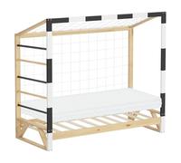 ML-Design Lit d'enfant Football 80x160 cm avec Matelas en Mousse Housse Amovible, Blanc et Noir, Cadre en Bois de Pin Massif Robuste, Sommier à Lattes et Filet de But, pour Garçon Fille Adolescent