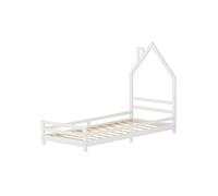ML-Design Lit d'enfant Maison 90x200 cm Blanc, en Bois de Pin Massif, avec Sommier à Lattes, sans Matelas, Design Tête en Forme de Cheminée, Cadre de Lit pour Adolescent Garçons Filles, 100 kg