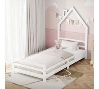 ML-Design Lit d'enfant Maison 90x200 cm Blanc, en Bois de Pin Massif, avec Sommier à Lattes, sans Matelas, Design Tête en Forme de Cheminée, Cadre de Lit pour Adolescent Garçons Filles, 100 kg