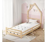 ML-Design Lit d'enfant Maison 90x200 cm Naturel, en Bois de Pin Massif, avec Sommier à Lattes, sans Matelas, Design Tête en Forme de Cheminée, Cadre de Lit pour Adolescent Garçons Filles, 100 kg