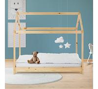 ML-Design Lit d'enfants 70x140 cm avec Toit et Sommier en Bois de Pin Massf, Naturel, Structure Maison Cabane de Jeu en Intérieur pour Fille et Garçon, Stable et Robuste, Simple d`Adolescents