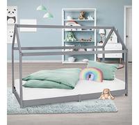 ML-Design Lit d'enfants 90x200 cm avec Toit et Sommier, Bois de Pin Massf, Gris Clair, Structure Maison Cabane de Jeu Intérieur pour Fille et Garçon, Stable, Robuste, Simple d`Adolescents