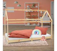 ML-Design Lit d'enfants 90x200 cm avec Toit et Sommier en Bois de Pin Massf, Naturel, Structure Maison Cabane Jeu en Intérieur pour Fille et Garçon, Stable et Robuste, Simple d`Adolescents