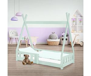 ML-Design Lit d'enfants Tipi 70x140cm Vert Menthe avec Protection Contre Les Chutes et Sommier à Lattes, Bois de Pin, Lit Indien d'Intérieur avec Clôture Grille De Sécurité Tente De Jeu Style Maison