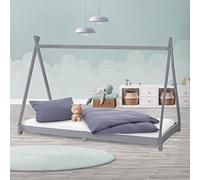 ML-Design Lit d'enfants Tipi 90x200 cm avec Sommier à Lattes, Bois Massif, Gris Clair, Tente Indien de Jeu Intérieur, Cadre pour Fille et Garçon, Stable, Robuste, Simple d`Adolescents