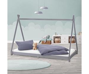 ML-Design Lit d'enfants Tipi 90x200 cm avec Sommier à Lattes, Bois Massif, Gris Clair, Tente Indien de Jeu Intérieur, Cadre pour Fille et Garçon, Stable, Robuste, Simple d`Adolescents