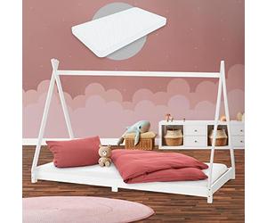 ML-Design Lit d'enfants Tipi 90x200 cm Blanc avec Matelas à Mousse Froide, H:16 cm, Housse Amovible, Sommier à Lattes, Style Indien, Lit en Bois de Pin Massif pour Intérieur, pour Filles/Garçons