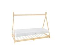 ML-Design Lit d'enfants Tipi 90x200 cm Naturel avec Matelas à Mousse Froide, H:16 cm, Housse Amovible, Sommier à Lattes, Style Indien, Lit en Bois de Pin Massif pour Intérieur, pour Filles/Garçons