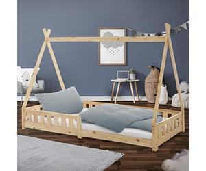 ML-Design Lit d'enfants Tipi 90x200 cm Naturel avec Protection Antichutes et Sommier à Lattes, Bois de Pin, Style Indien pour Filles/Garçons, d'Intérieur avec Clôture, Maison d'enfant Tente de Jeu