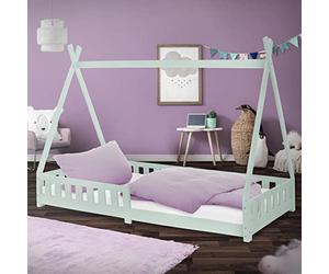 ML-Design Lit d'enfants Tipi 90x200 cm Vert Menthe avec Protection Antichutes et Sommier à Lattes, Bois de Pin, Style Indien Filles/Garçons, d'Intérieur avec Clôture, Maison d'enfants Tente de Jeu