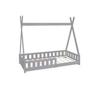 Lit d'enfant tipi gris avec sommier à lattes en bois maison indien 160x80 cm