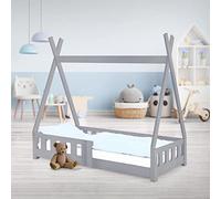ML-Design Lit d'enfants Tipi Gris Clair avec Protection Contre Les Chutes en Bois de Pin Massif 140x70 cm Sommier á Lattes et Grille de Sécurité Style Maison Lit Indien Tente de Jeu pour Enfants