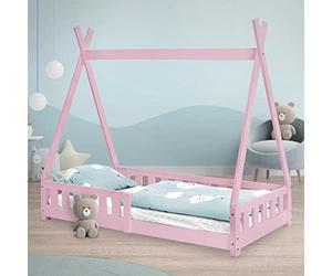 ML-Design Lit d'enfants Tipi Rose avec Protection Contre Les Chutes en Bois de Pin Massif 80x160 cm Sommier á Lattes et Grille de Sécurité en Style Maison Lit Indien Tente de Jeu pour Enfant