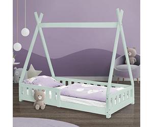 ML-Design Lit d'enfants Tipi Vert Menthe avec Protection Contre Les Chutes en Bois de Pin Massif 80x160 cm Sommier á Lattes et Grille de Sécurité en Style Maison Lit Indien Tente de Jeu pour Enfants