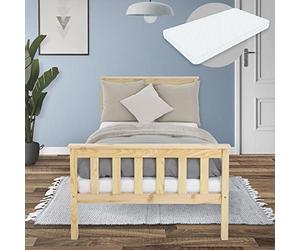 ML-Design Lit en Bois de Pin Massif 90x200 cm Naturel avec Matelas à Mousse Froide, H:16 cm, Housse Amovible, Sommier à Lattes, d'Intérieur, Simple avec Tête et Pied, Enfants/Adultes