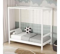 ML-Design Lit Enfant But de Football Handball, 70x140 cm, Blanc, en Bois Massif, avec Sommier à Lattes et Filet, sans Matelas, Couchage Junior Fille Garçon Chambre à Coucher, Structure Thème Sport