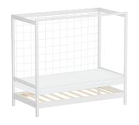 ML-Design Lit Enfant But de Football Handball 80x160 cm avec Matelas, Blanc, en Bois Massif, Sommier à Lattes et Filet, Couchage au Sol pour Junior Fille Garçon Chambre à Coucher, Thème Sport