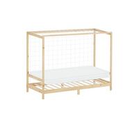 ML-Design Lit Enfant But de Football Handball 90x200 cm avec Matelas H10cm, Naturel, en Bois Massif, Sommier à Lattes et Filet, Couchage au Sol pour Junior Fille Garçon Chambre à Coucher, Thème Sport