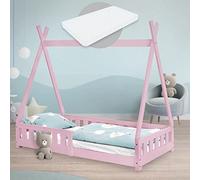 ML-Design Lit Enfant Tipi 80x160 cm Rose avec Matelas à Mousse Froide Polyester, Housse Amovible, Sommier à Lattes, Anti-Chute, Lit Style Indien en Bois de Pin Massif, Protection Contre Les Chutes